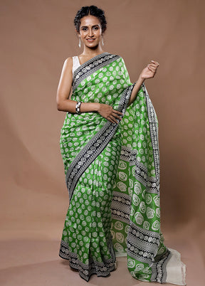 Green Printed Pure Silk Saree With Blouse Piece - Indian Silk House Agencies