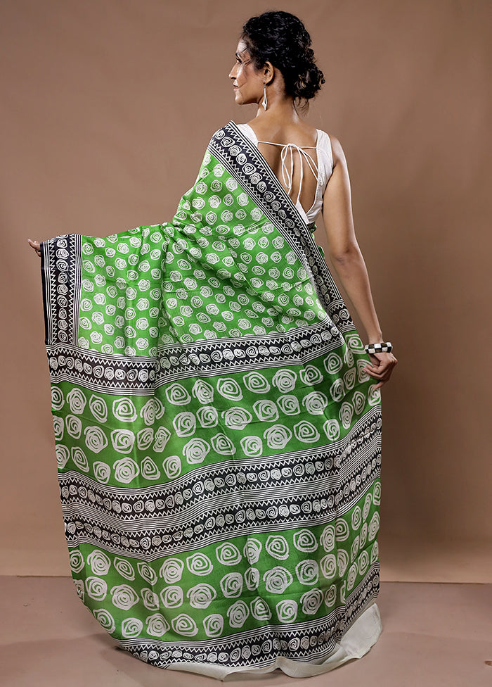 Green Printed Pure Silk Saree With Blouse Piece - Indian Silk House Agencies