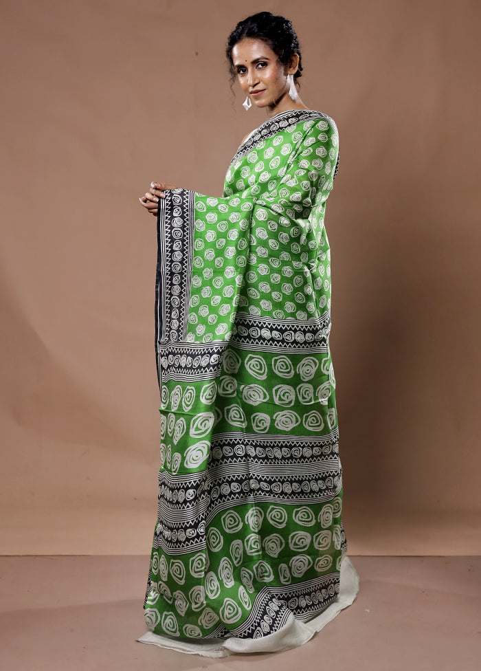 Green Printed Pure Silk Saree With Blouse Piece - Indian Silk House Agencies