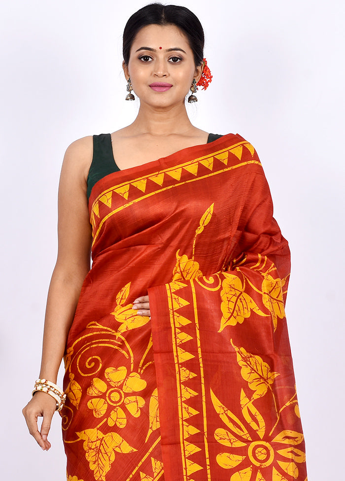Red Pure Batik Printed Silk Saree Without Blouse Piece - Indian Silk House Agencies