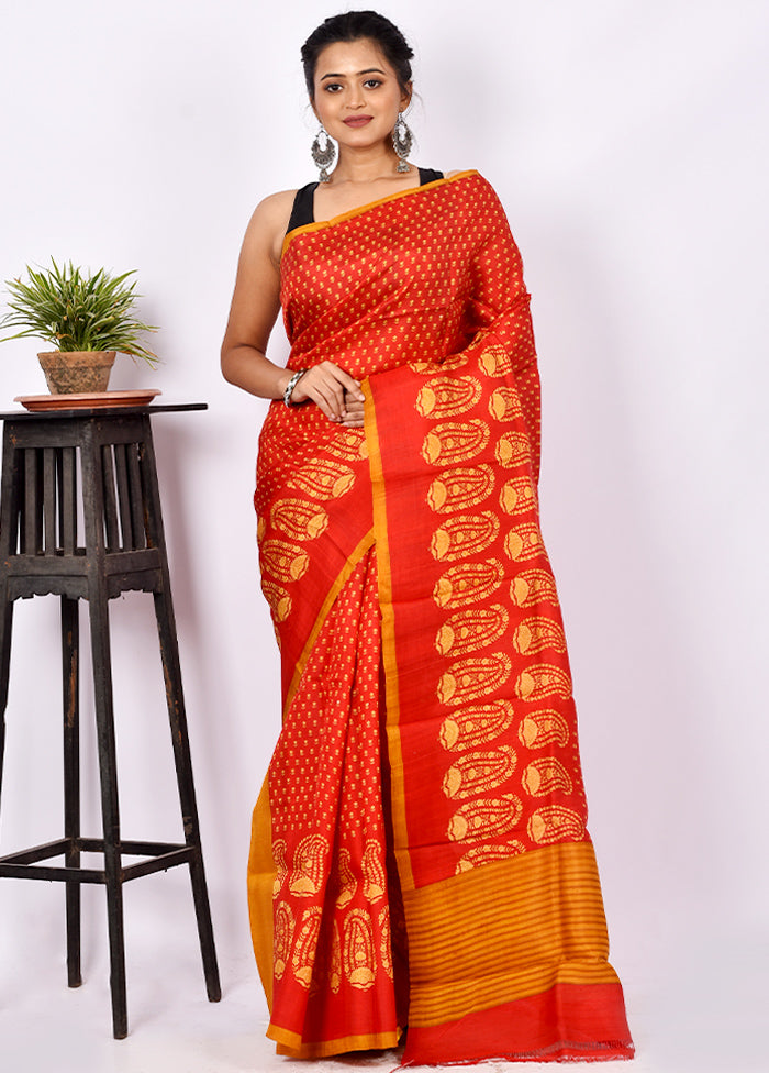 Red Pure Printed Silk Saree Without Blouse Piece - Indian Silk House Agencies