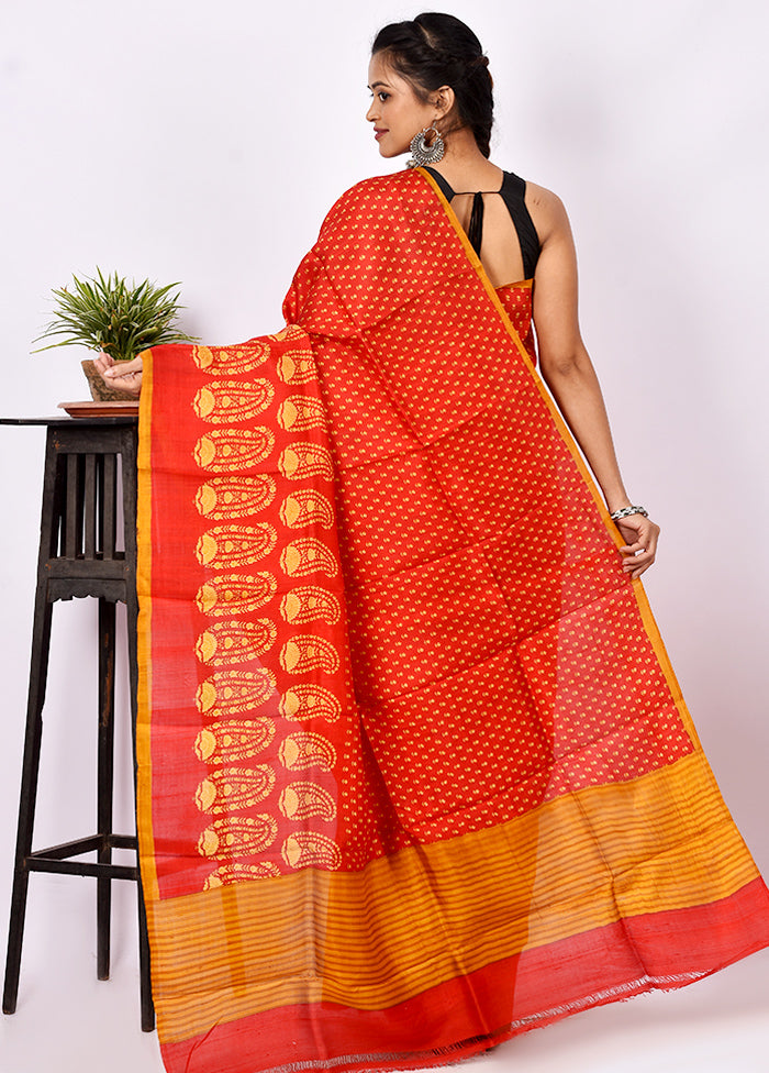 Red Pure Printed Silk Saree Without Blouse Piece - Indian Silk House Agencies