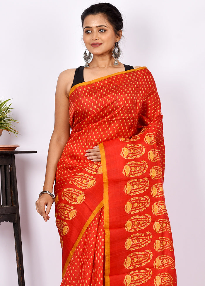 Red Pure Printed Silk Saree Without Blouse Piece - Indian Silk House Agencies