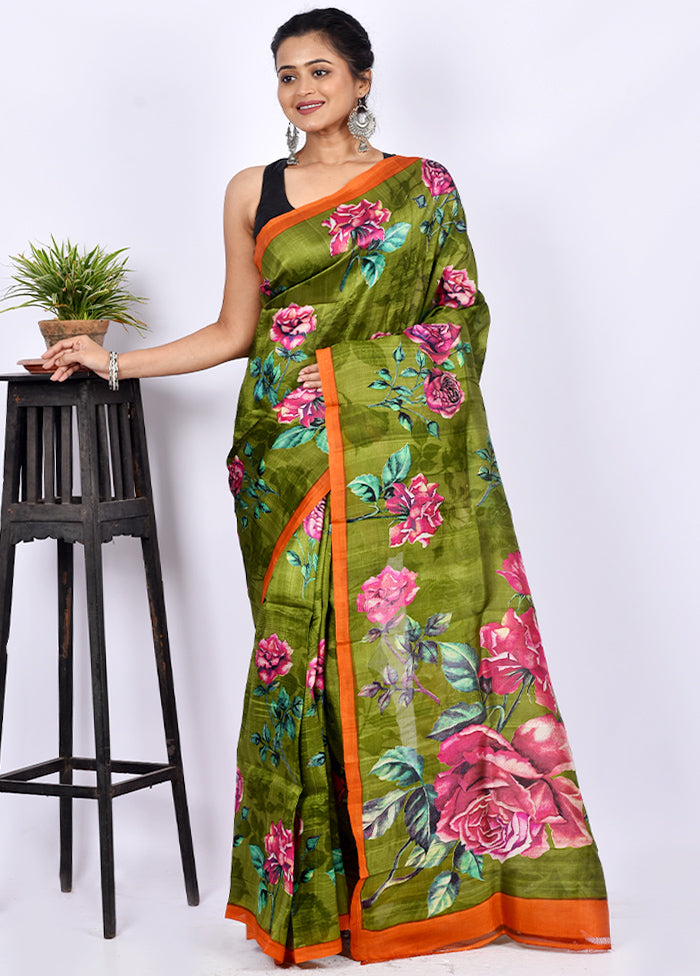 Green Pure Printed Silk Saree Without Blouse Piece - Indian Silk House Agencies