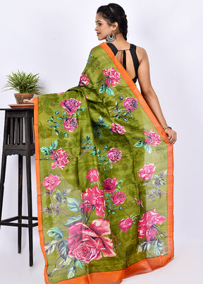 Green Pure Printed Silk Saree Without Blouse Piece - Indian Silk House Agencies