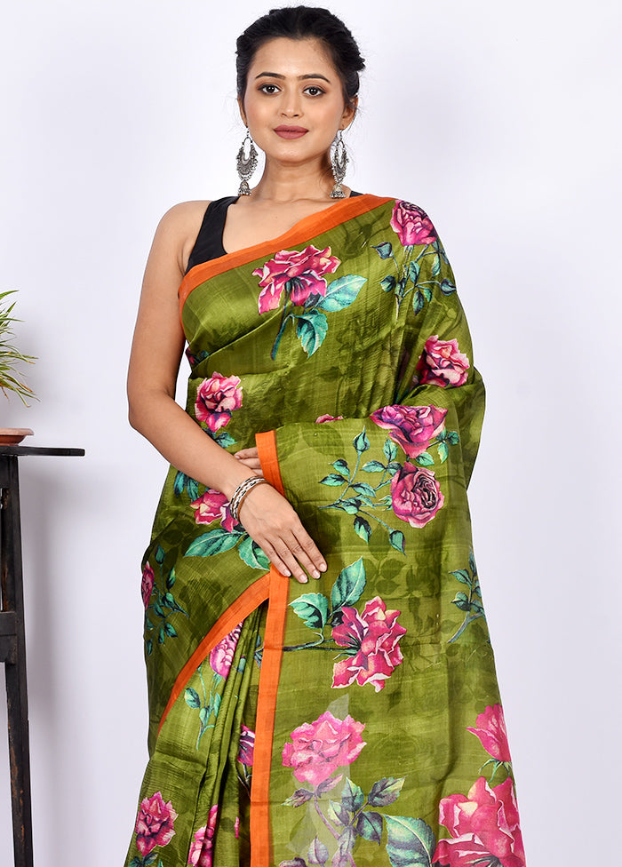 Green Pure Printed Silk Saree Without Blouse Piece - Indian Silk House Agencies