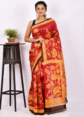 Red Pure Printed Silk Saree Without Blouse Piece - Indian Silk House Agencies