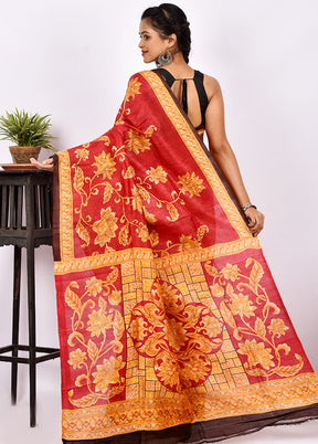 Red Pure Printed Silk Saree Without Blouse Piece - Indian Silk House Agencies