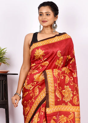 Red Pure Printed Silk Saree Without Blouse Piece - Indian Silk House Agencies