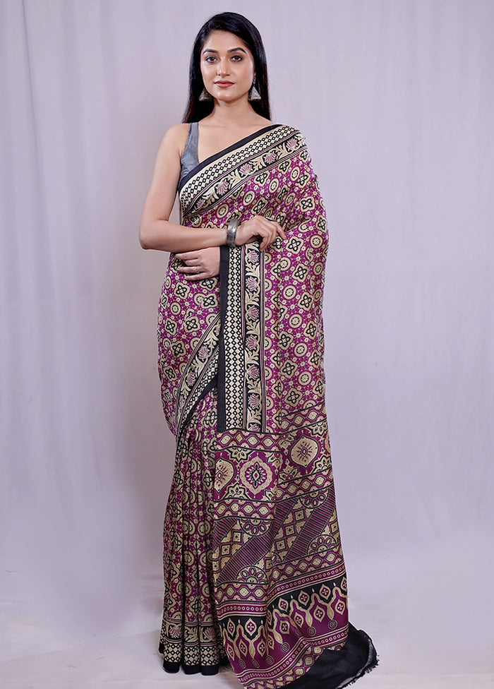 Black Printed Pure Silk Saree With Blouse Piece - Indian Silk House Agencies