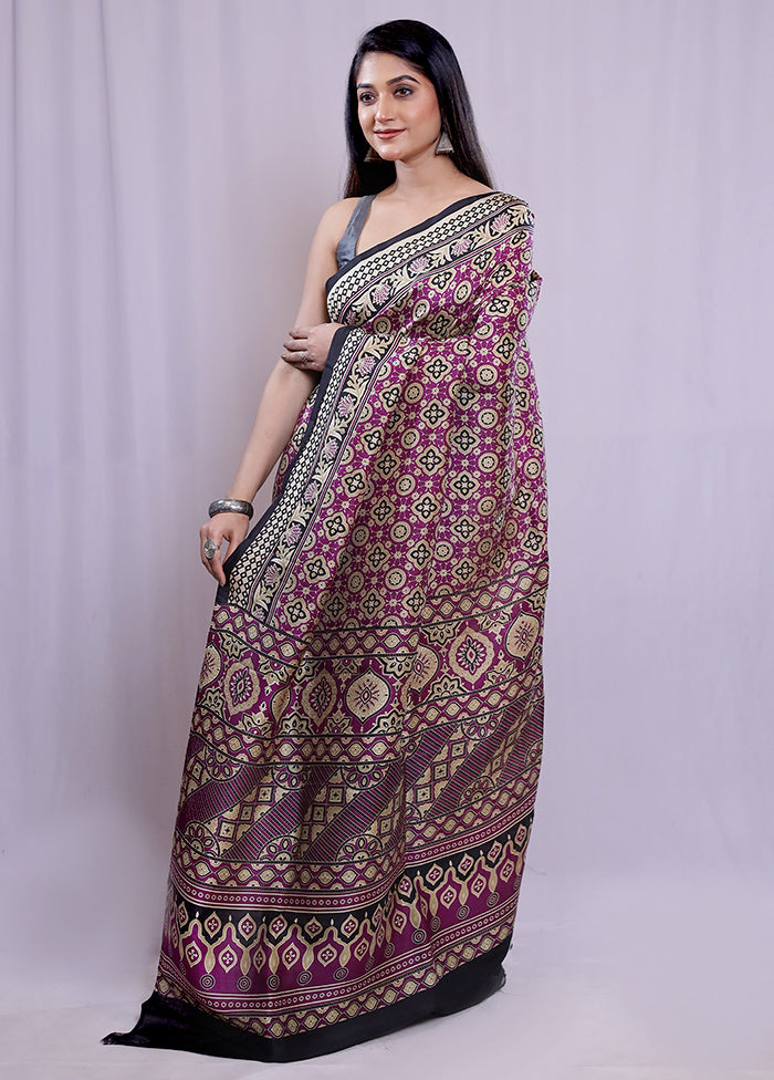 Black Printed Pure Silk Saree With Blouse Piece - Indian Silk House Agencies