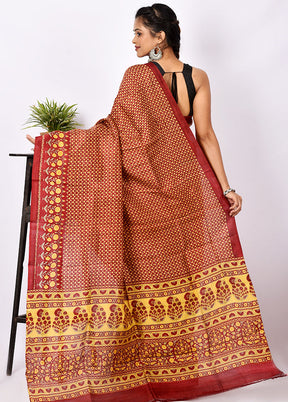 Rust Pure Printed Silk Saree Without Blouse Piece - Indian Silk House Agencies