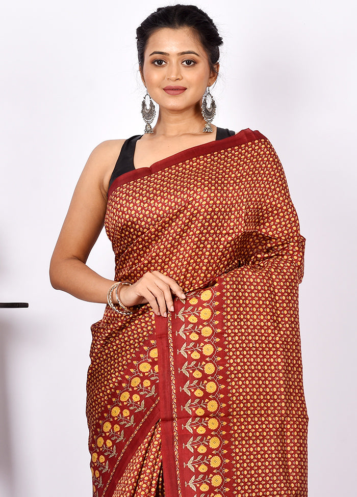 Rust Pure Printed Silk Saree Without Blouse Piece - Indian Silk House Agencies