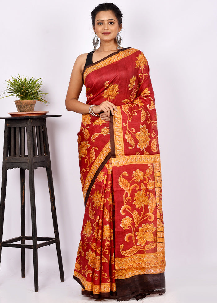 Maroon Pure Printed Silk Saree Without Blouse Piece - Indian Silk House Agencies