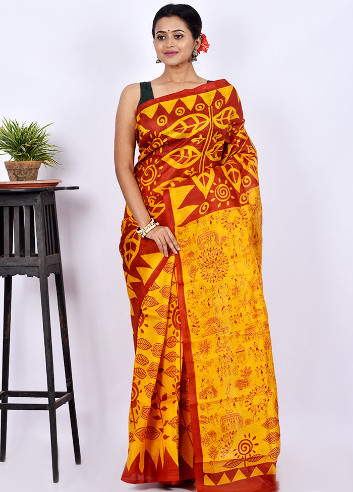 Yellow Pure Printed Silk Saree Without Blouse Piece - Indian Silk House Agencies