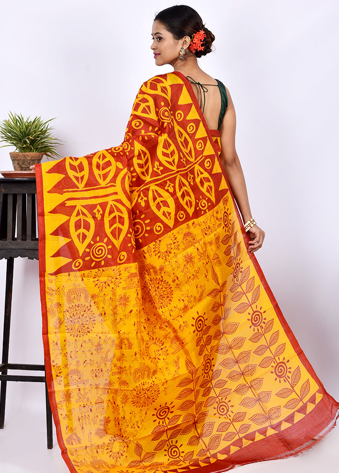 Yellow Pure Printed Silk Saree Without Blouse Piece - Indian Silk House Agencies