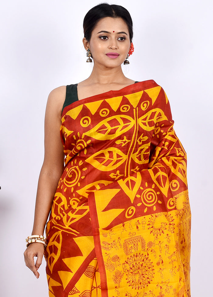 Yellow Pure Printed Silk Saree Without Blouse Piece - Indian Silk House Agencies