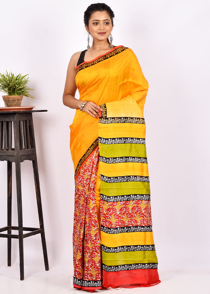 Yellow Pure Printed Silk Saree Without Blouse Piece - Indian Silk House Agencies