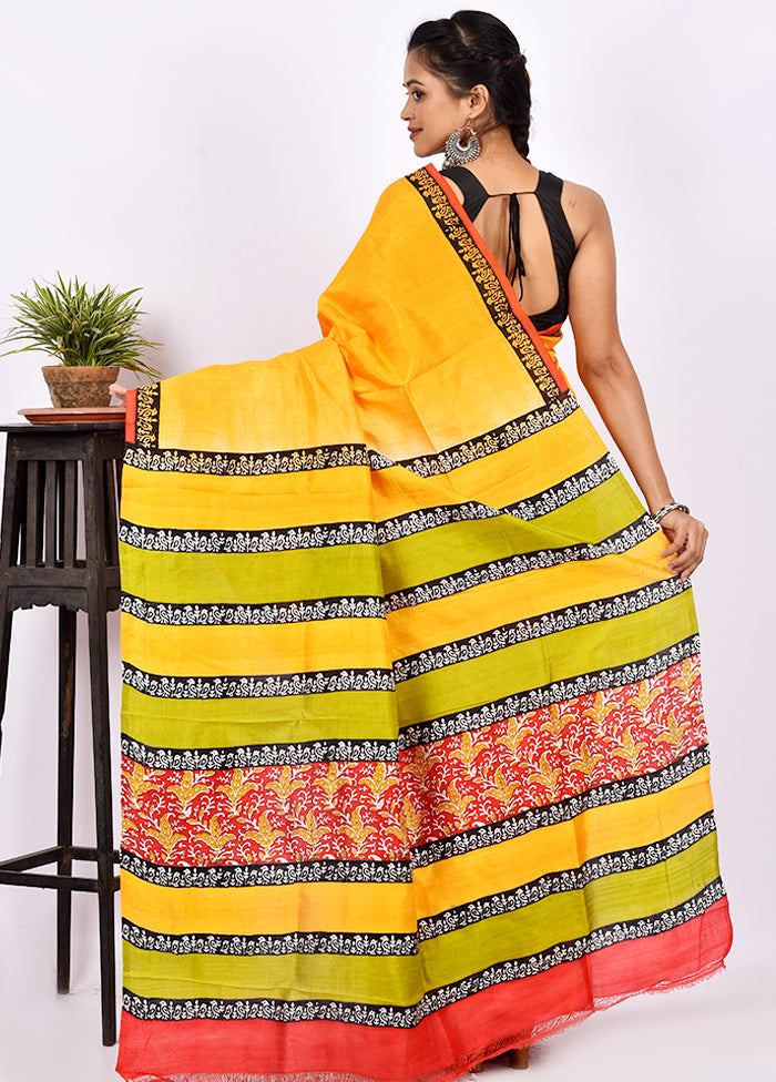 Yellow Pure Printed Silk Saree Without Blouse Piece - Indian Silk House Agencies