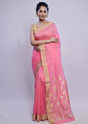 Pink Chanderi Pure Cotton Saree With Blouse Piece - Indian Silk House Agencies