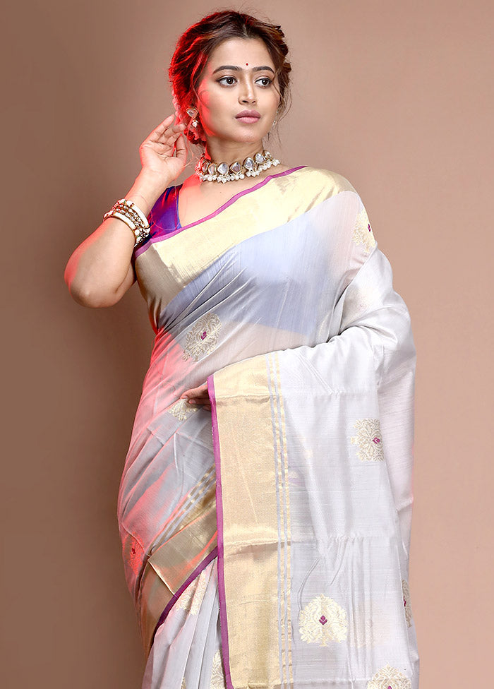 Grey Pure Chanderi Silk Saree With Blouse Piece - Indian Silk House Agencies