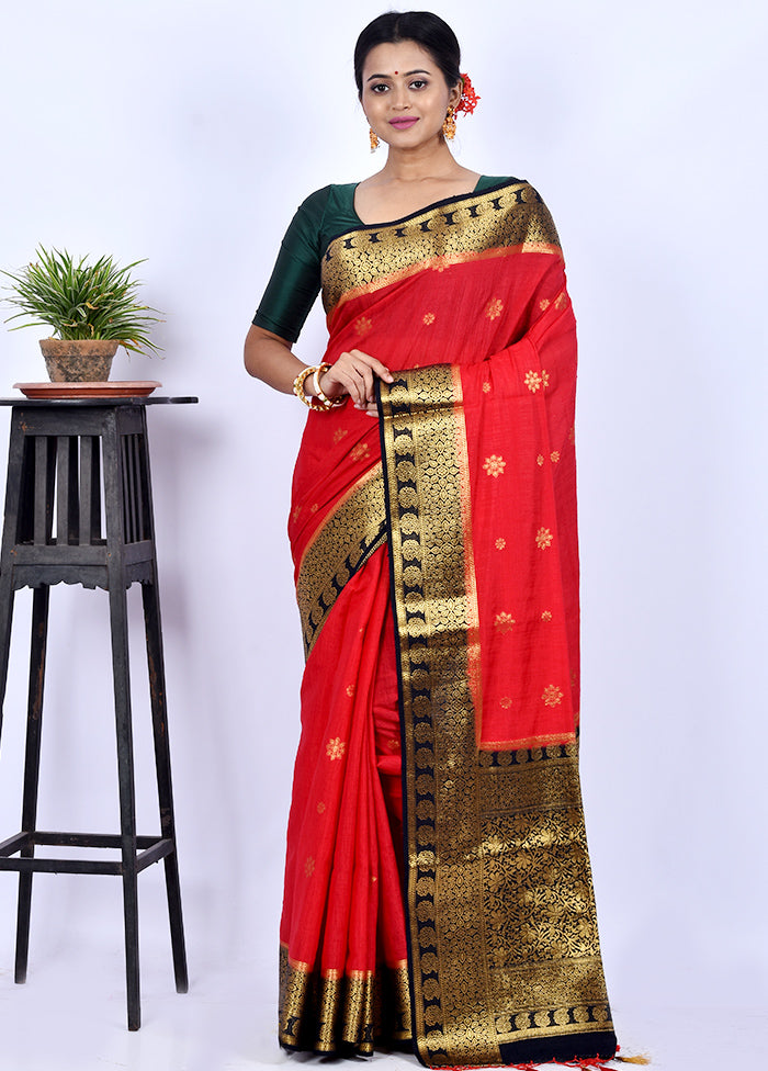 Red Dupion Silk Saree With Blouse Piece - Indian Silk House Agencies