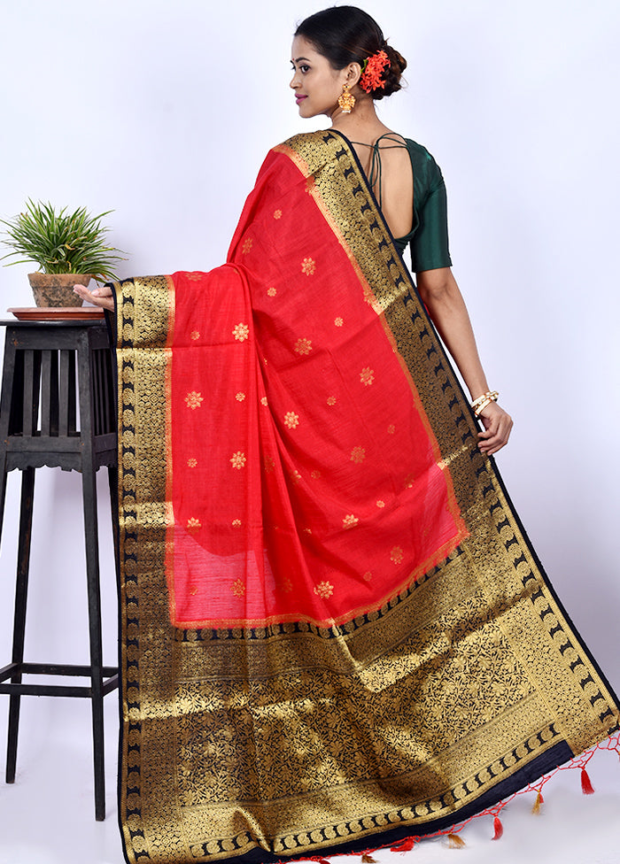 Red Dupion Silk Saree With Blouse Piece - Indian Silk House Agencies