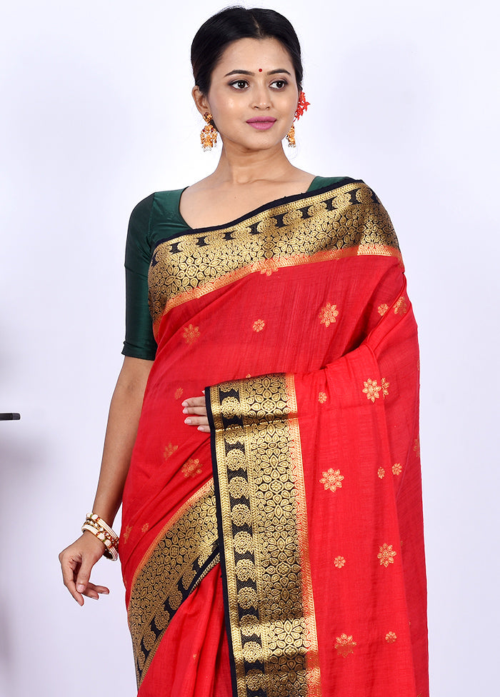 Red Dupion Silk Saree With Blouse Piece - Indian Silk House Agencies