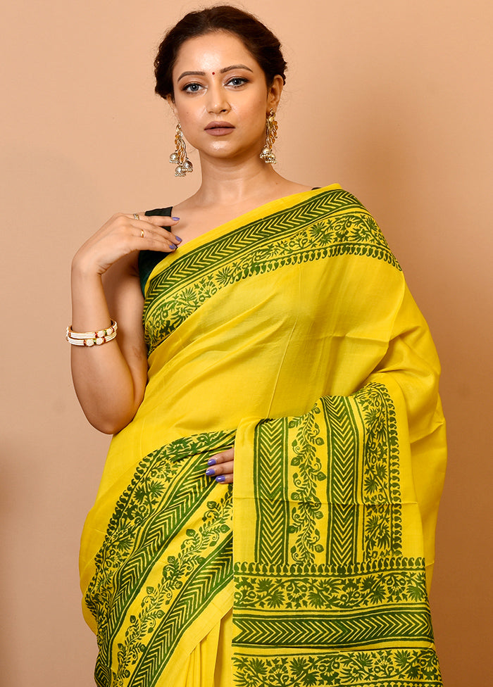 Yellow Pure Printed Silk Saree Without Blouse Piece - Indian Silk House Agencies