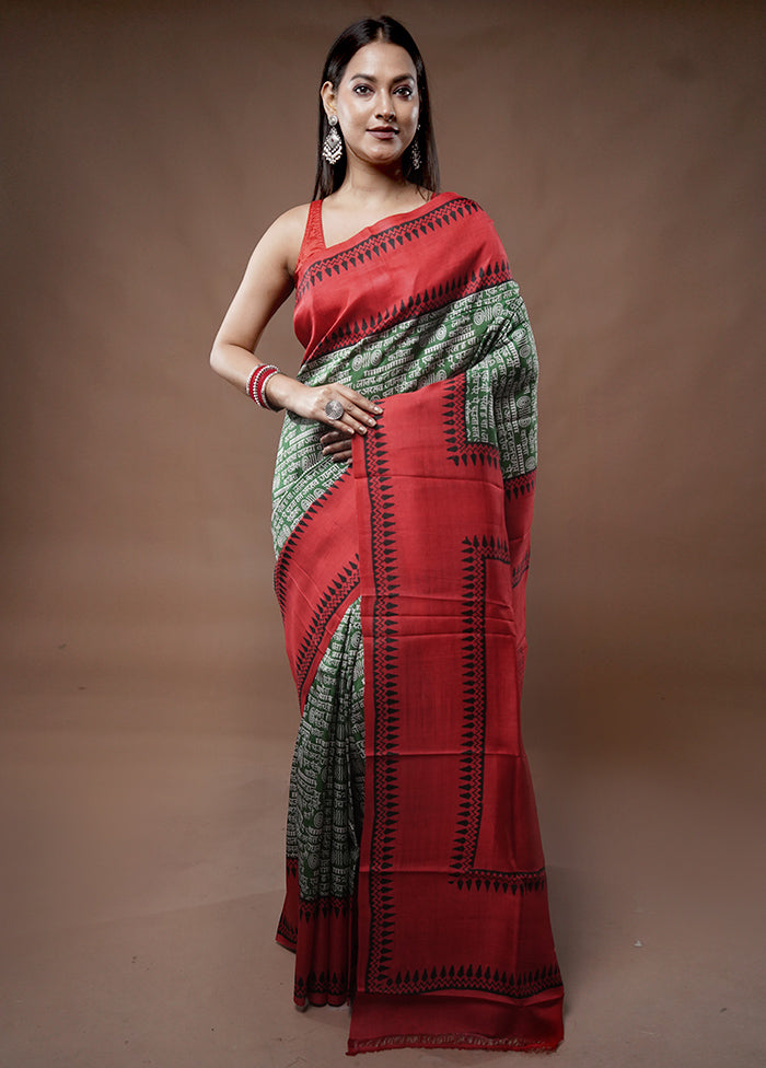 Green Printed Pure Silk Saree With Blouse Piece - Indian Silk House Agencies