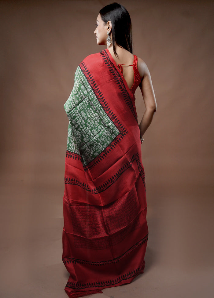 Green Printed Pure Silk Saree With Blouse Piece - Indian Silk House Agencies