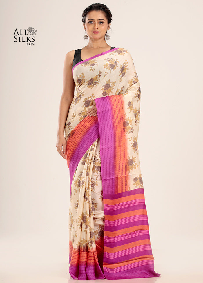 Cream Printed Silk Saree Without Blouse Piece - Indian Silk House Agencies