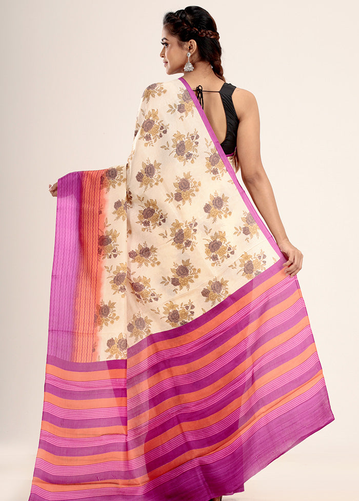 Cream Printed Silk Saree Without Blouse Piece - Indian Silk House Agencies