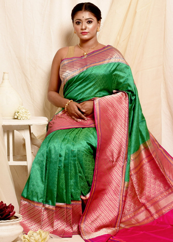 Green Banarasi Pure Silk Handloom Saree With Blouse - Indian Silk House Agencies