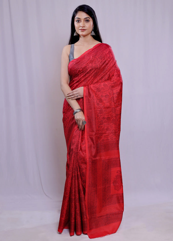 Red Printed Pure Silk Saree With Blouse Piece - Indian Silk House Agencies