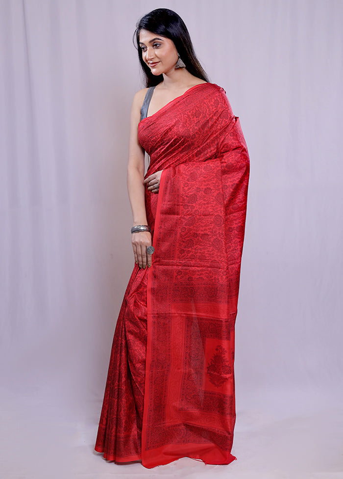 Red Printed Pure Silk Saree With Blouse Piece - Indian Silk House Agencies