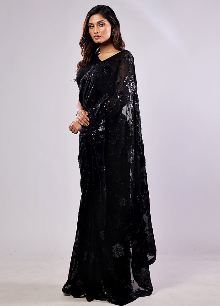 Black Handloom Pure Georgette Saree With Blouse Piece