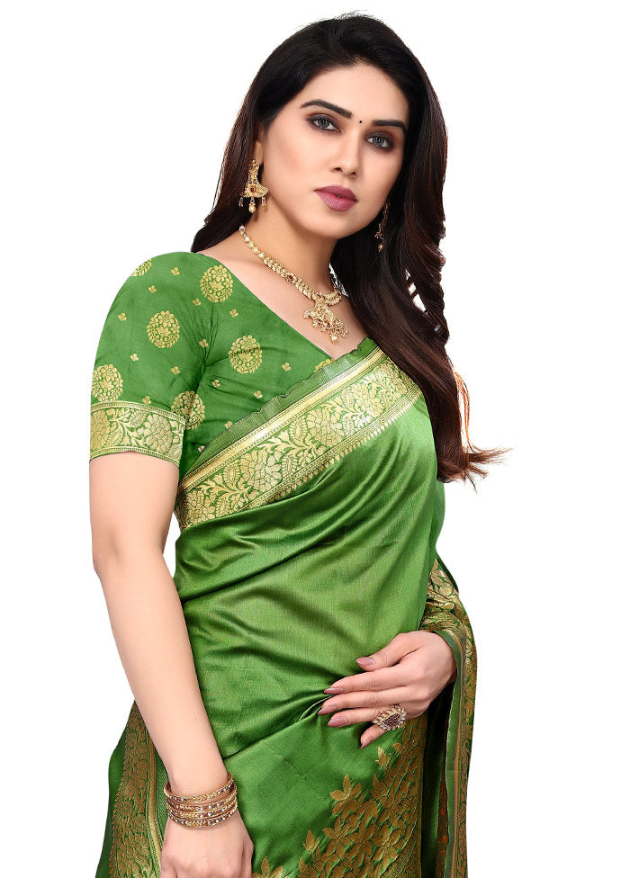 Green Spun Silk Saree With Blouse Piece - Indian Silk House Agencies