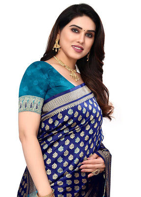 Navy Blue Spun Silk Saree With Blouse Piece - Indian Silk House Agencies