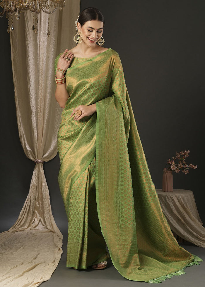 Lime Green Dupion Silk Saree With Blouse Piece