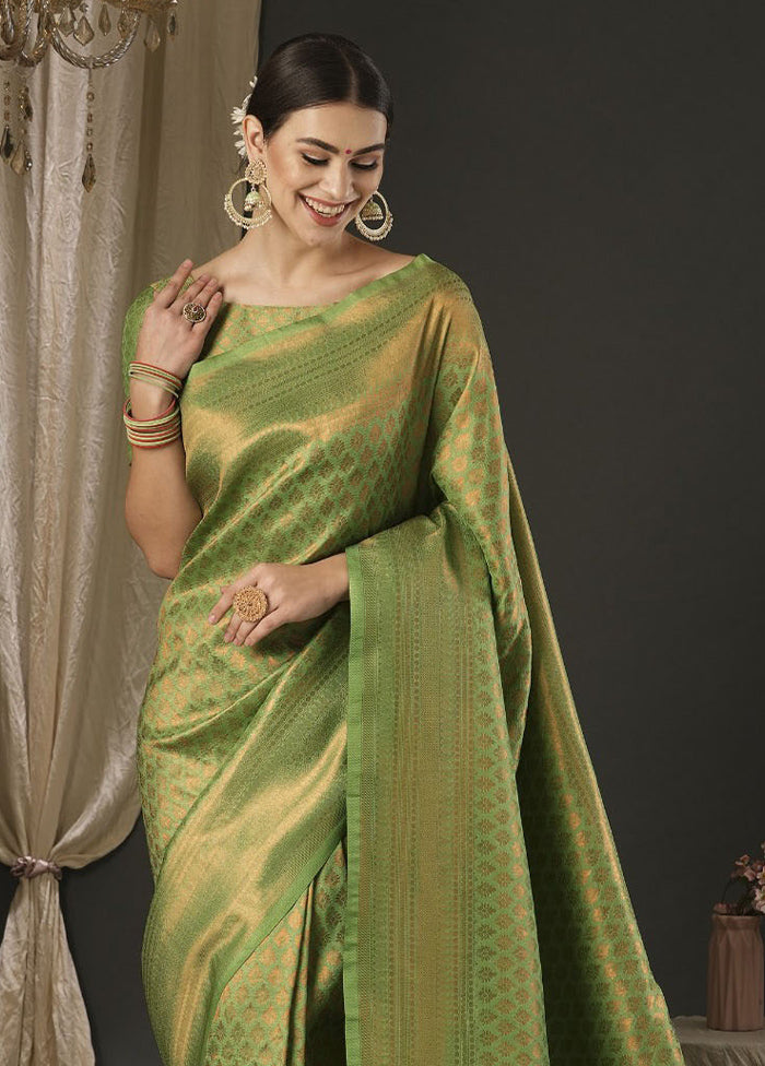 Lime Green Dupion Silk Saree With Blouse Piece