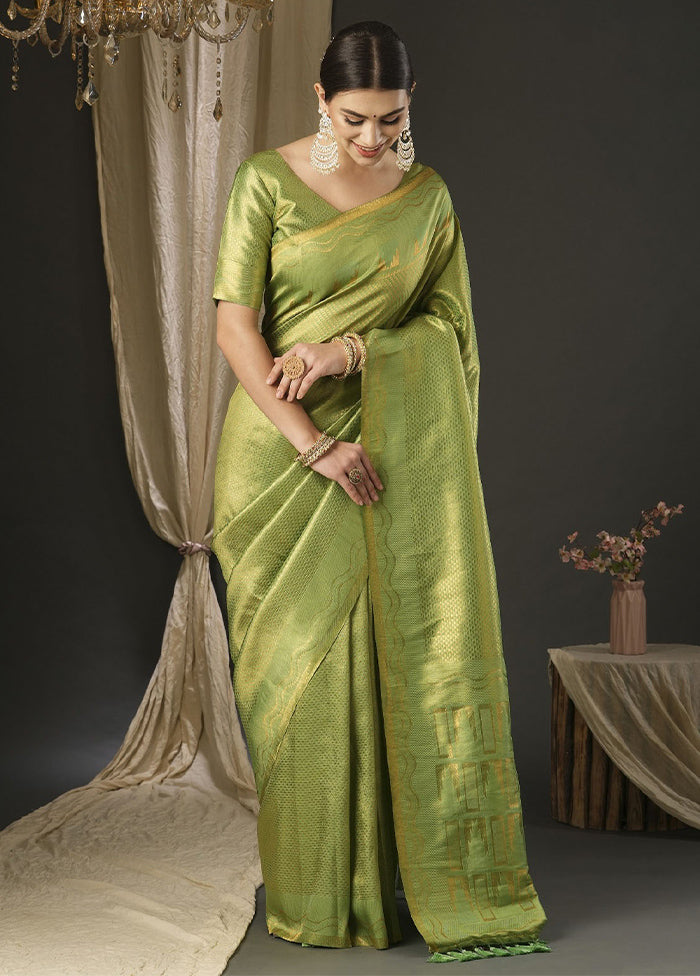 Lime Green Dupion Silk Saree With Blouse Piece