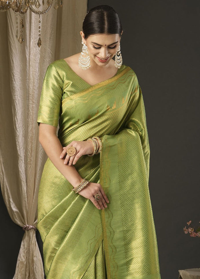 Lime Green Dupion Silk Saree With Blouse Piece