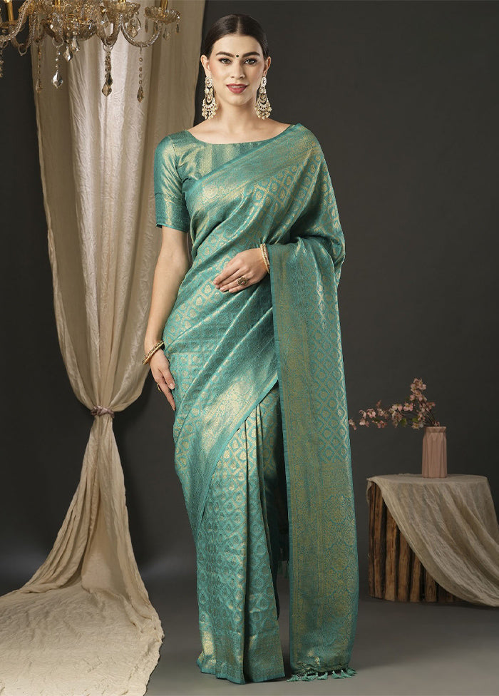 Turquoise Dupion Silk Saree With Blouse Piece