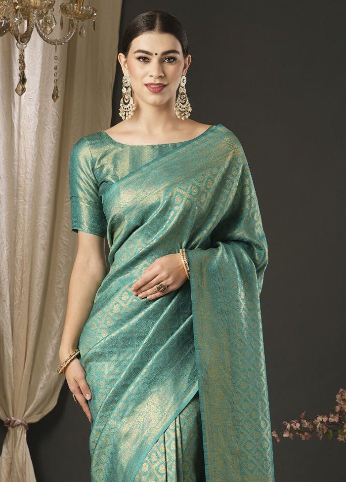 Turquoise Dupion Silk Saree With Blouse Piece