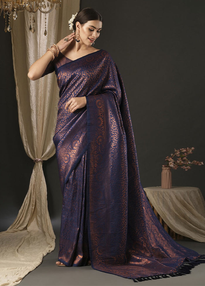 Navy Blue Dupion Silk Saree With Blouse Piece