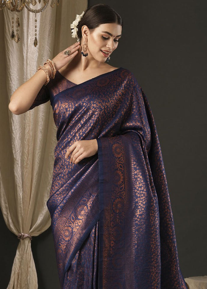 Navy Blue Dupion Silk Saree With Blouse Piece