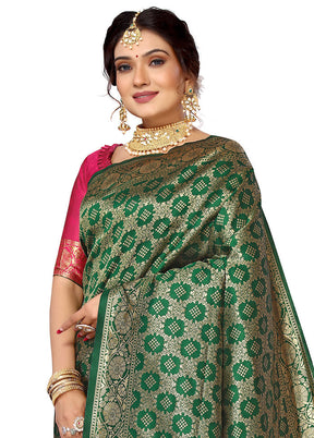 Green Spun Silk Saree With Blouse Piece - Indian Silk House Agencies