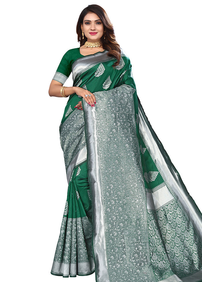 Green Spun Silk Saree With Blouse Piece - Indian Silk House Agencies