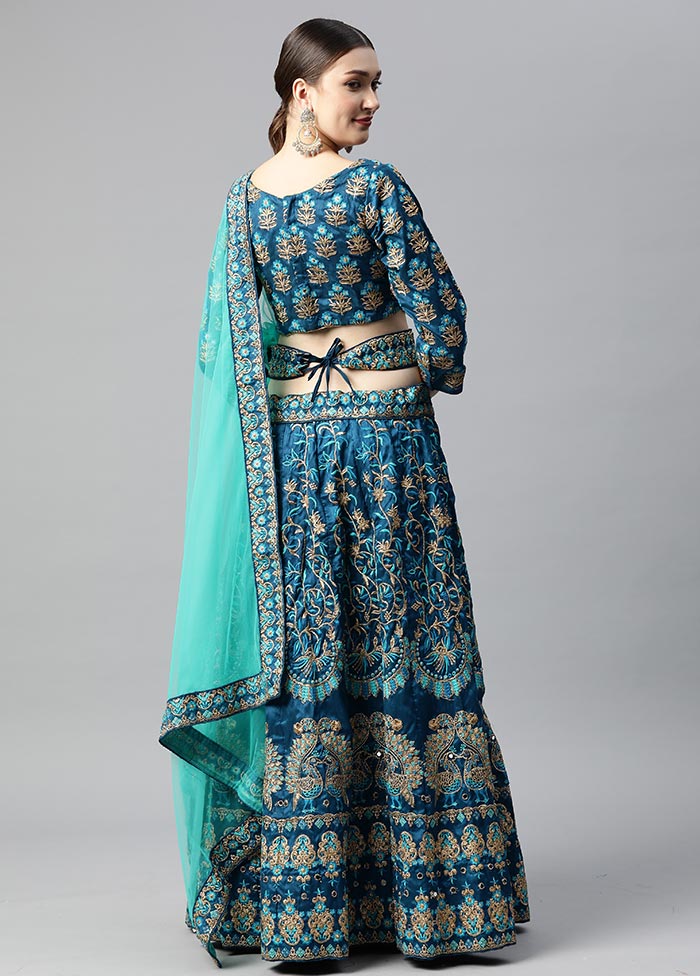 3 Pc Turquoise Crepe Semi Stitched Lehenga Set - Indian Silk House Agencies